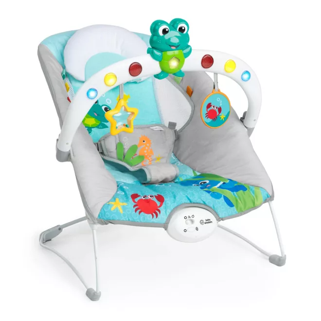 Baby Einstein Kick to It Neptune Zenélő és Rezgő Pihenőszék Fényekkel - Kényelmes Baba Hintaszék 9 kg-ig, Fejlesztő Játékokkal