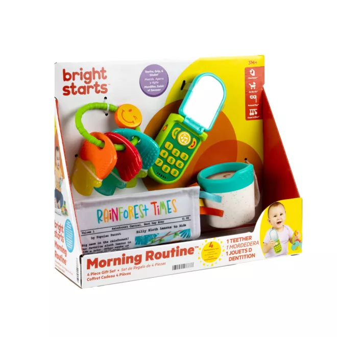 Bright Starts Morning Routine Többérzékszervi Babaajándék Készlet Telefonnal és Rágókával, 4 Részes, 3 Hónapos Kortól