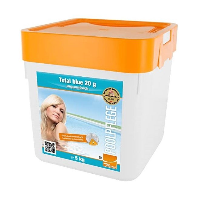 Steinbach Aquacorrect Total Blue 3in1 Klórtabletta 5kg (20g Tabletták) - Többfunkciós Medencefertőtlenítő Algásodásgátlóval és Pelyhesítő Hatással, Kristálytiszta Vízhez