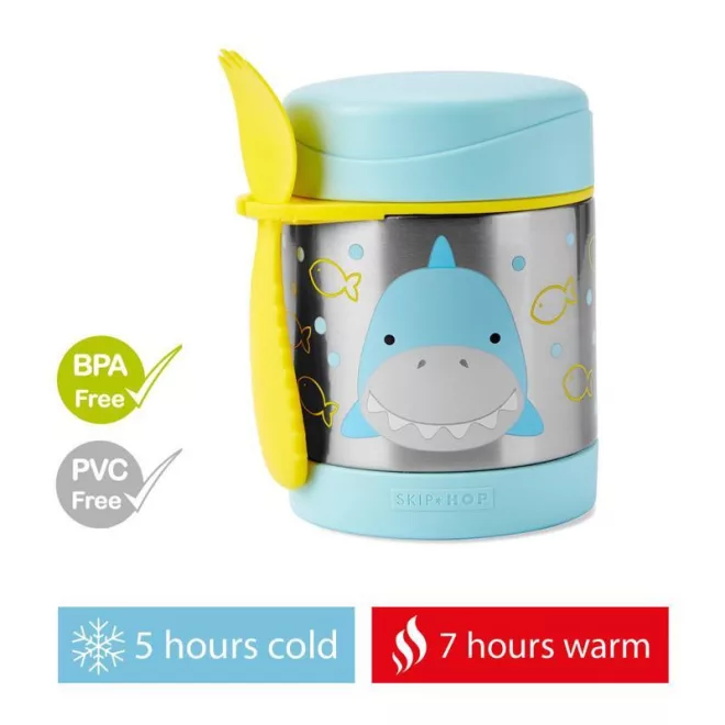 Skip Hop Zoo Ételtermosz Kanállal és Villával Cápa Mintás 325ml - Rozsdamentes Acél, Duplafalú, BPA-mentes Ételtároló 3 Éves Kortól