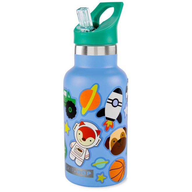 Skip Hop Rozsdamentes Acél Kulacs Szívószállal és Matricákkal Kék 380ml - Duplafalú, Szivárgásmentes és BPA-mentes Itatópohár 4 Éves Kortól