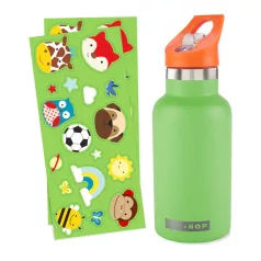   Skip Hop Rozsdamentes Acél Kulacs Szívószállal és Matricákkal Zöld 380ml - Duplafalú, Szivárgásmentes és BPA-mentes Itatópohár 4 Éves Kortól
