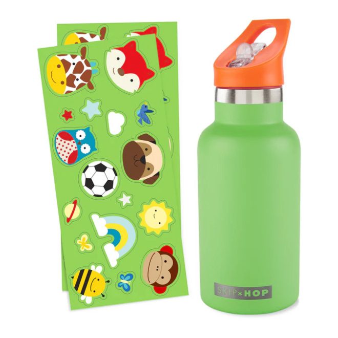 Skip Hop Rozsdamentes Acél Kulacs Szívószállal és Matricákkal Zöld 380ml - Duplafalú, Szivárgásmentes és BPA-mentes Itatópohár 4 Éves Kortól