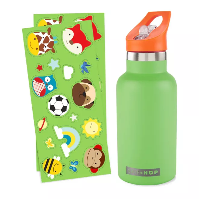 Skip Hop Rozsdamentes Acél Kulacs Szívószállal és Matricákkal Zöld 380ml - Duplafalú, Szivárgásmentes és BPA-mentes Itatópohár 4 Éves Kortól
