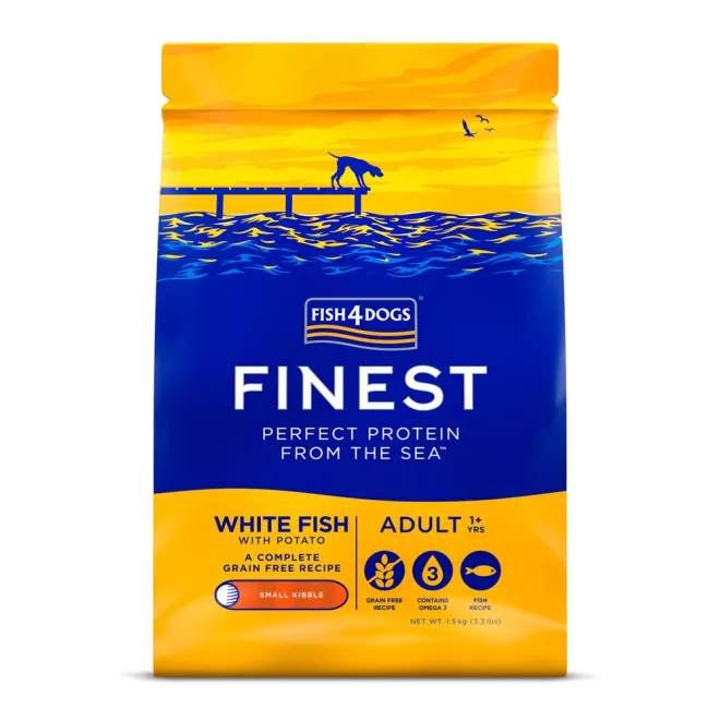 Fish4Dogs Finest Fehér Hal Burgonyával Kis Szemcsés Száraz Kutyatáp Felnőtt Kutyáknak 1,5kg, Teljes Értékű Halas Receptúra