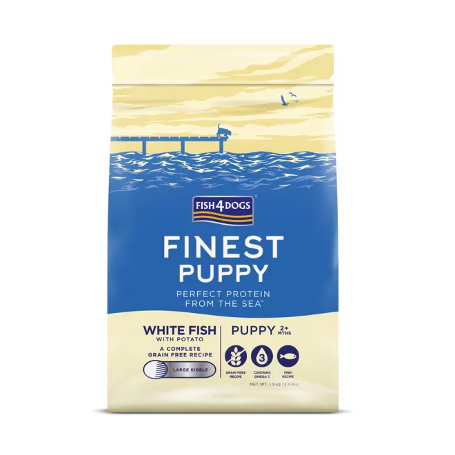 Fish4Dogs Finest Fehér Hal Burgonyával Nagy Szemcsés Kölyökkutya Száraz Táp 1,5kg, Halas Receptúra 2 Hónapos Kortól