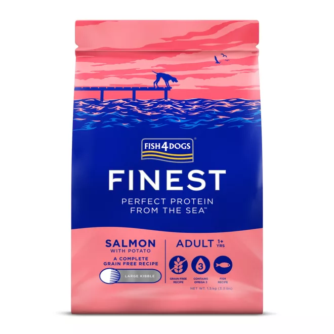 Fish4Dogs Finest Lazac Burgonyával Kis Szemcsés Száraz Kutyatáp Felnőtt Kutyáknak 1,5kg, Teljes Értékű Halas Receptúra