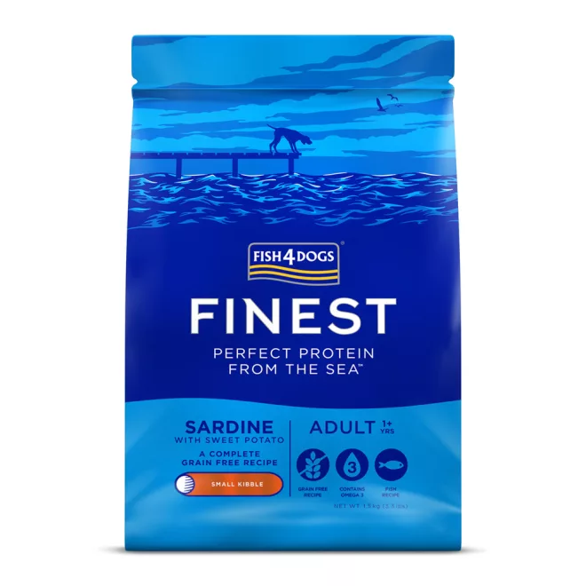 Fish4Dogs Finest Szardínia Édesburgonyával Kis Szemcsés Száraz Kutyatáp Felnőtt Kutyáknak 1,5kg, Teljes Értékű Halas Receptúra