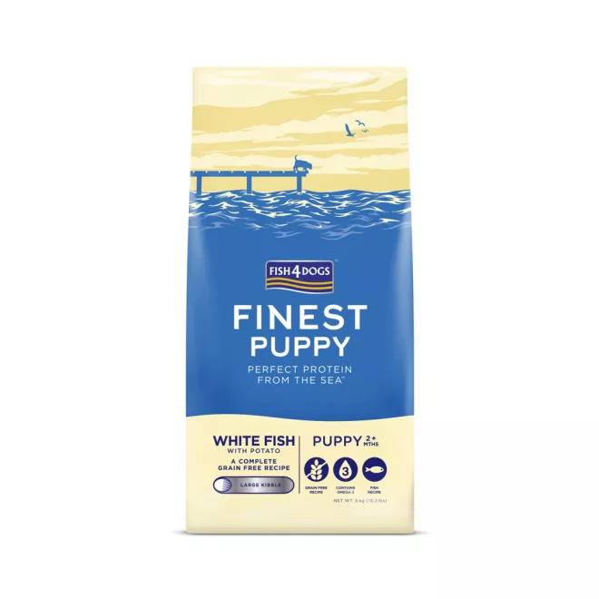 Fish4Dogs Finest Fehér Hal Burgonyával Nagy Szemcsés Kölyökkutya Száraz Táp 6kg, Halas Receptúra 2 Hónapos Kortól