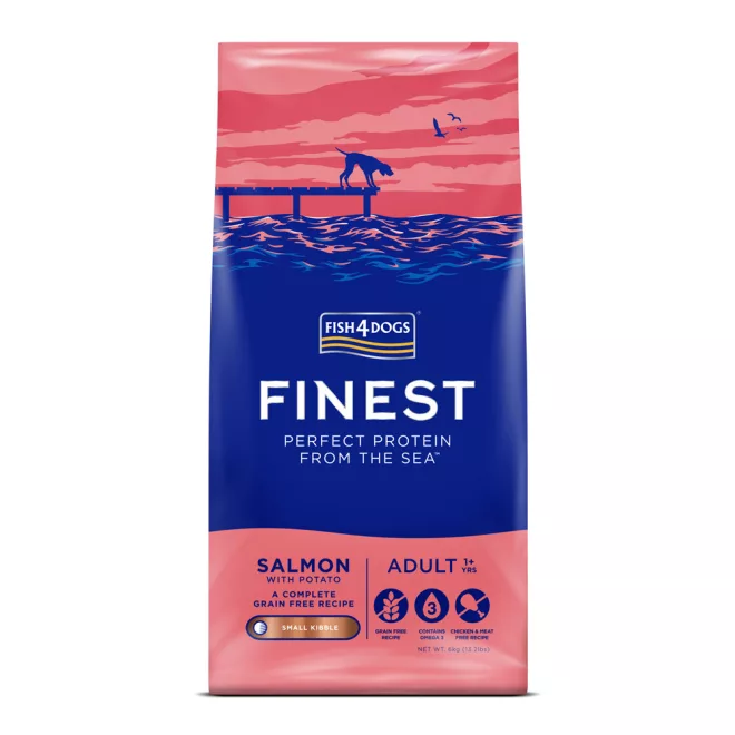 Fish4Dogs Finest Lazac Burgonyával Kis Szemcsés Száraz Kutyatáp Felnőtt Kutyáknak 6kg, Teljes Értékű Halas Receptúra