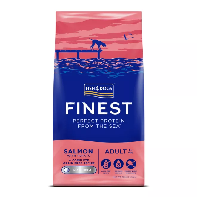Fish4Dogs Finest Lazac Burgonyával Nagy Szemcsés Száraz Kutyatáp Felnőtt Kutyáknak 12kg, Teljes Értékű Halas Receptúra
