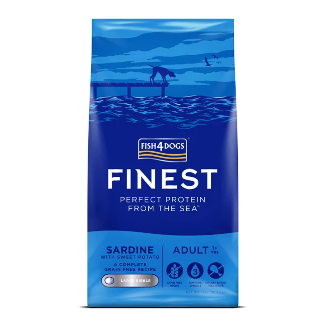 Fish4Dogs Finest Szardínia Édesburgonyával Nagy Szemcsés Száraz Kutyatáp Felnőtt Kutyáknak 12kg, Teljes Értékű Halas Receptúra