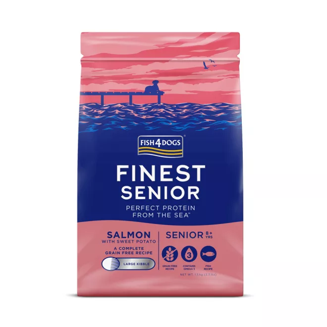 Fish4Dogs Finest Lazac Édesburgonyával Nagy Szemcsés Száraz Kutyatáp Idősebb Kutyáknak 1,5kg, Halas Receptúra 8 Éves Kortól