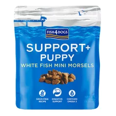   Fish4Dogs Kölyökkutya Jutalomfalat Fehér Hal Darabokkal és Prebiotikummal 150g, Emésztést Támogató Tréninghez