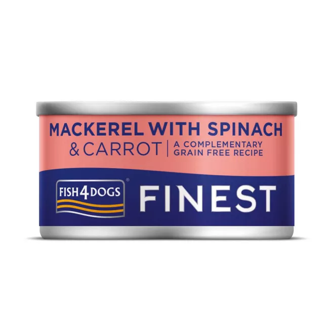 Fish4Dogs Finest Makréla Sárgarépával és Spenóttal Kutyakonzerv 85g, Ízletes Halas Kiegészítő Etetéshez
