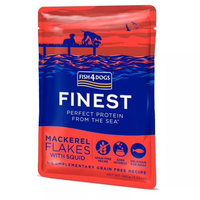 Fish4Dogs Finest Makréla Tintahal Darabokkal Kutyáknak 100g, Ízletes Halas Jutalomfalat Kiegészítő Etetéshez