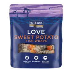   Fish4Dogs Love Sweet Potato Fish Wraps Halas Jutalomfalat Kutyáknak 100g, Batátával