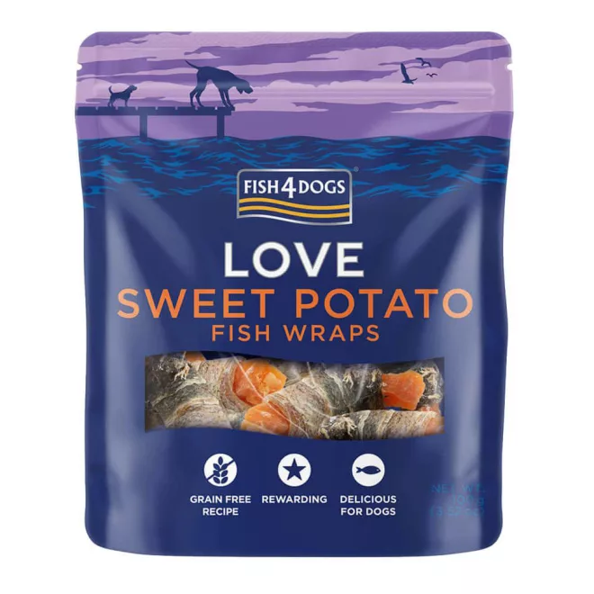 Fish4Dogs Love Sweet Potato Fish Wraps Halas Jutalomfalat Kutyáknak 100g, Batátával