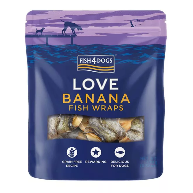 Fish4Dogs Halas Csavarok Banánnal Jutalomfalat Kutyáknak 100g, Ízletes Halas-Gyümölcsös Motivációhoz