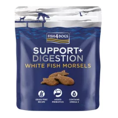   Fish4Dogs Emésztést Támogató Jutalomfalat Kutyáknak Fehér Hal Darabokkal 225g, Kíméletes Halas Motivációhoz