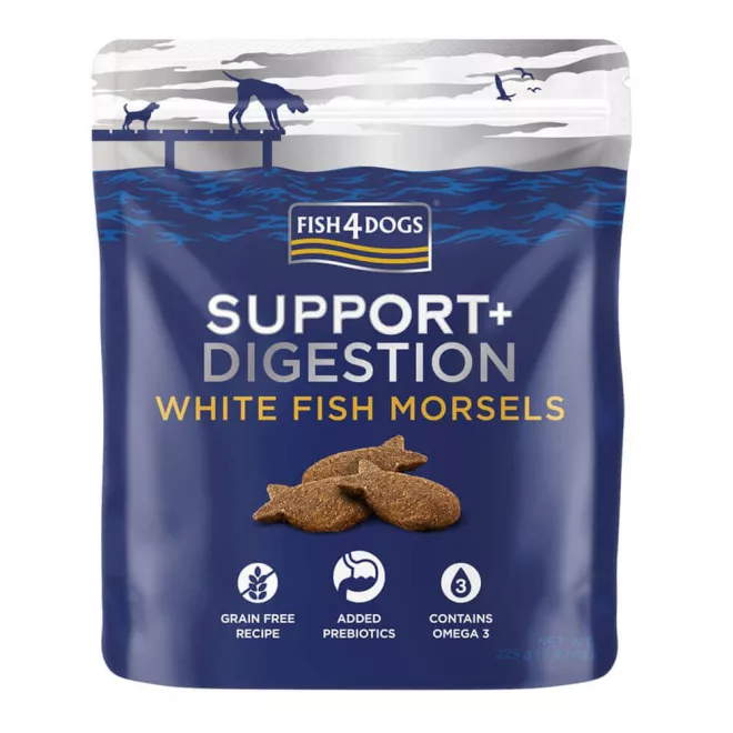 Fish4Dogs Emésztést Támogató Jutalomfalat Kutyáknak Fehér Hal Darabokkal 225g, Kíméletes Halas Motivációhoz