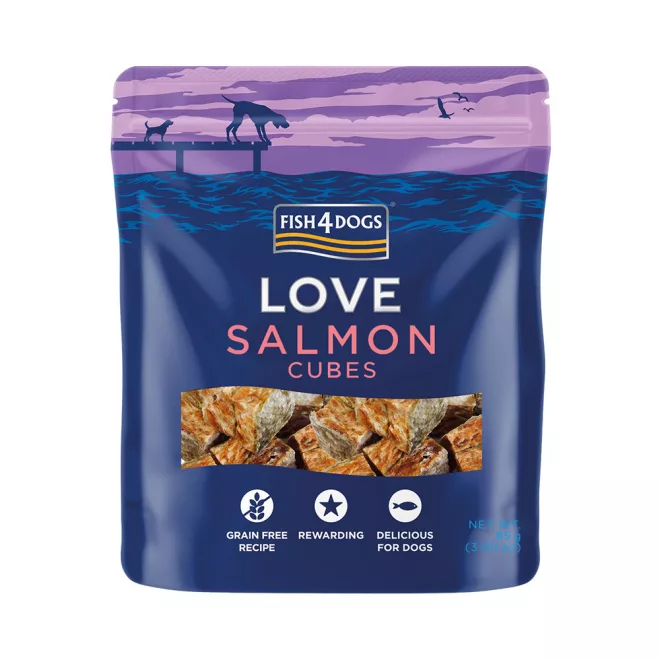 Fish4Dogs Love Lazacos Kockák Jutalomfalat Kutyáknak 85g, Szeretetteljes Halas Motivációhoz