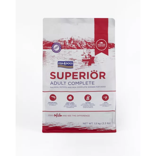 Fish4Dogs Superior Lazac Burgonyával Nagy Szemcsés Száraz Kutyatáp Felnőtt Kutyáknak 1,5kg, Prémium Halas Receptúra