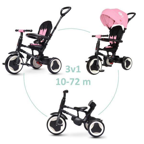QPlay Rito EVA Pink Összecsukható Tricikli - UPF 50+ Napellenzővel, 2 Pozíciós Dönthető Háttámlával, 5-Pontos Biztonsági Övvel és Antivibrációs EVA Kerekekkel, 10-72 Hónapos Gyermekeknek