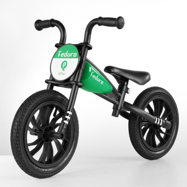 QPlay Feduro Zöld Futóbicikli - Motorkás Dizájn, Állítható Ülés, 12" Felfújható Kerekekkel, 3-6 Éves Gyermekeknek, 30kg-ig Terhelhető