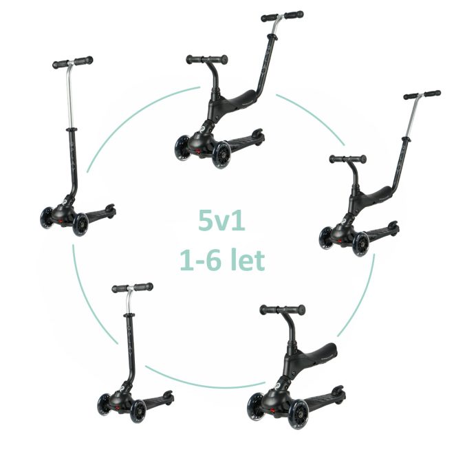 QPlay Sema Pro 5 az 1-ben Átalakítható Roller LED Kerekekkel - Ülőkével, Állítható Kormánnyal, 1-6 Éves Gyermekeknek, 50kg-ig Terhelhető, Fekete
