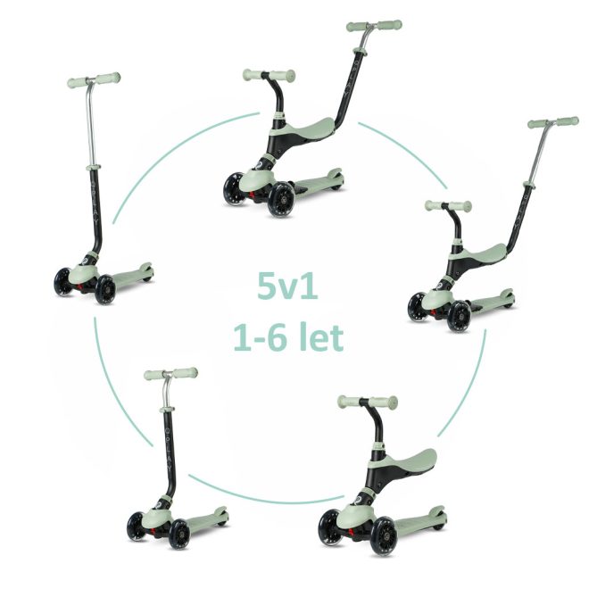 QPlay Sema Pro 5 az 1-ben Átalakítható Roller LED Kerekekkel - Ülőkével, Állítható Kormánnyal, 1-6 Éves Gyermekeknek, 50kg-ig Terhelhető, Zöld
