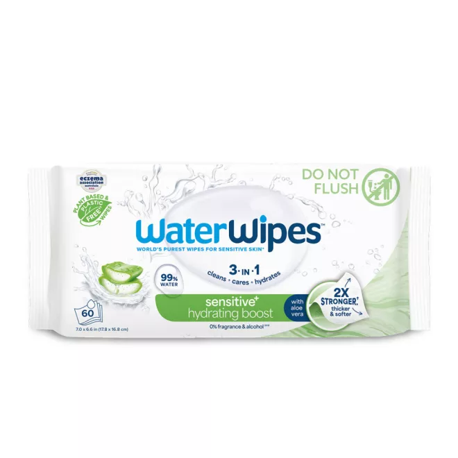 WaterWipes Hydrating Clean Műanyagmentes Nedves Törlőkendő 60db - Természetes Aloe Vera és Grapefruitmag Kivonattal, 99,9% Tisztított Vízzel, Hidratáló Ápolás Érzékeny Bababőrre