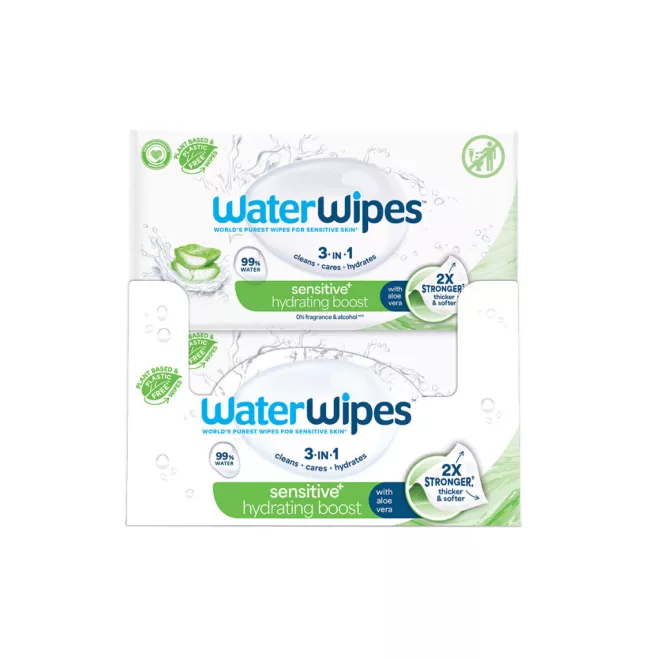 WaterWipes Hydrating Clean Műanyagmentes Nedves Törlőkendő 12x60db - Természetes Aloe Vera és Grapefruitmag Kivonattal, 99,9% Tisztított Vízzel, Hidratáló Ápolás Érzékeny Bababőrre