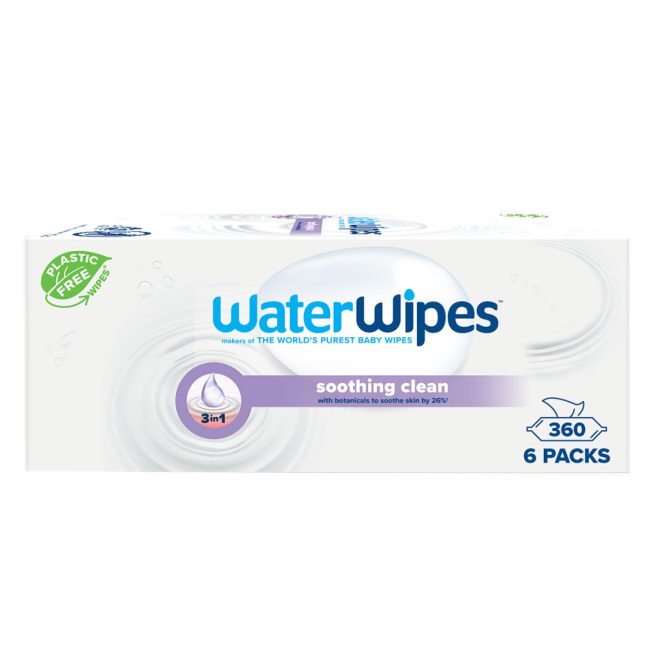 WaterWipes Soothing Clean Műanyagmentes Nedves Törlőkendő 360db – Organikus Levendula és Grapefruitmag Kivonattal, 99,9% Tisztított Vízzel, Extra Gyengéd Bababőrre