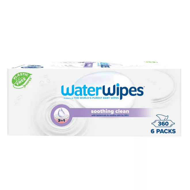 WaterWipes Soothing Clean Műanyagmentes Nedves Törlőkendő 360db - Organikus Levendula és Grapefruitmag Kivonattal, 99,9% Tisztított Vízzel, Extra Gyengéd Bababőrre