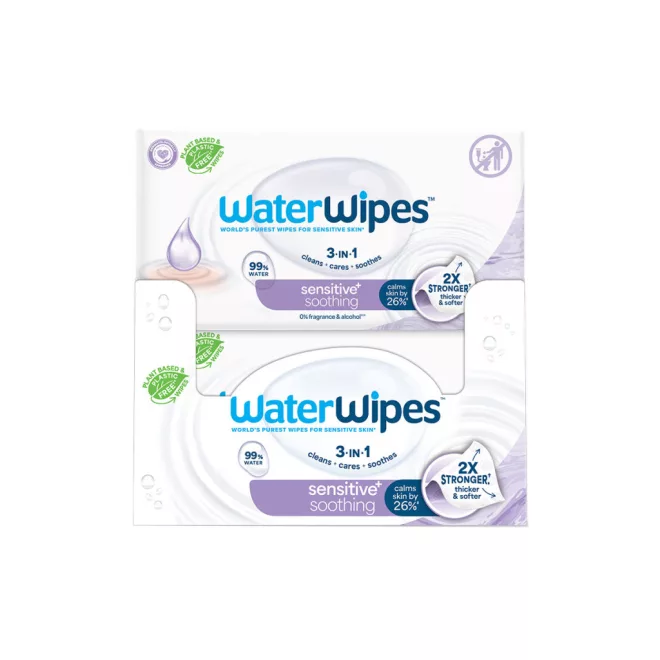 WaterWipes Soothing Clean Műanyagmentes Nedves Törlőkendő 12x60db - Organikus Levendula és Grapefruitmag Kivonattal, 99,9% Tisztított Vízzel, Extra Gyengéd Bababőrre