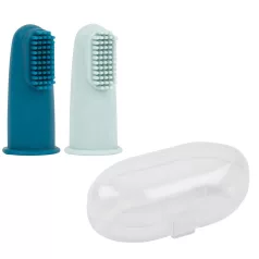   Nattou Szilikon Ujjra Húzható Fogkefe Tokkal 2db - Petrol Blue/Aqua Blue, Kíméletes Fogíny Masszírozás és Szájápolás Babáknak