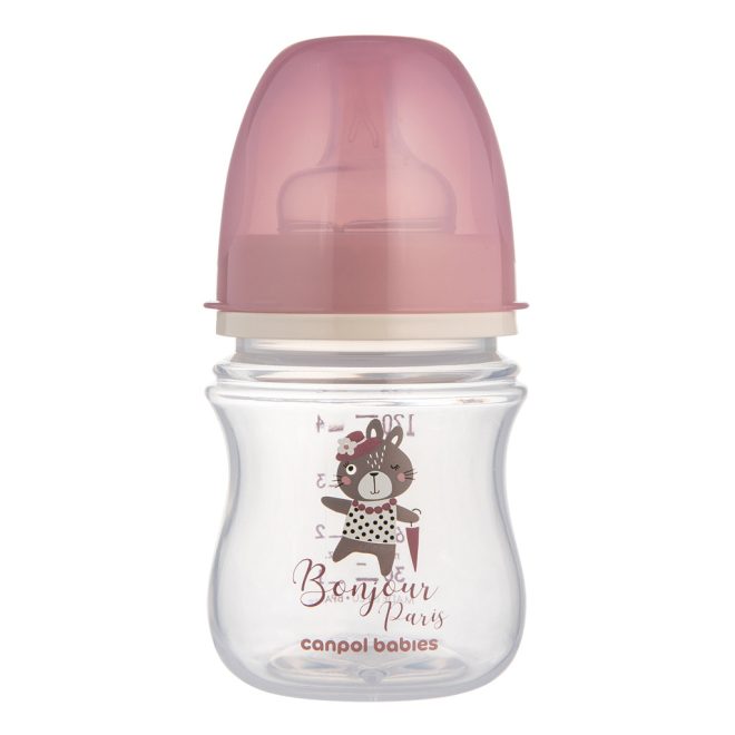 Canpol Babies Babies Széles Nyakú Cumisüveg Bonjour Paris 120ml Rózsaszín - Kényelmes Etetéshez és Kevesebb Levegőnyeléshez