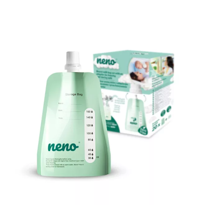 Neno Anyatej Tároló Zacskók 150ml - 20db-os Készlet Adapterrel, Közvetlen Szíváshoz Mellszívóból, Fagyasztható, Hermetikusan Záródó, BPA-mentes, Mércével és Feliratozható Felülettel