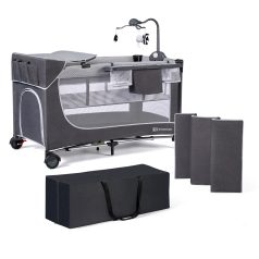   Kinderkraft Select Leody Prémium Utazóágy Kiegészítőkkel Grey - Összecsukható Babaágy Emelhető Fekvőfelülettel, Pelenkázóval és Tárolóval, Modern Szürke Kivitelben