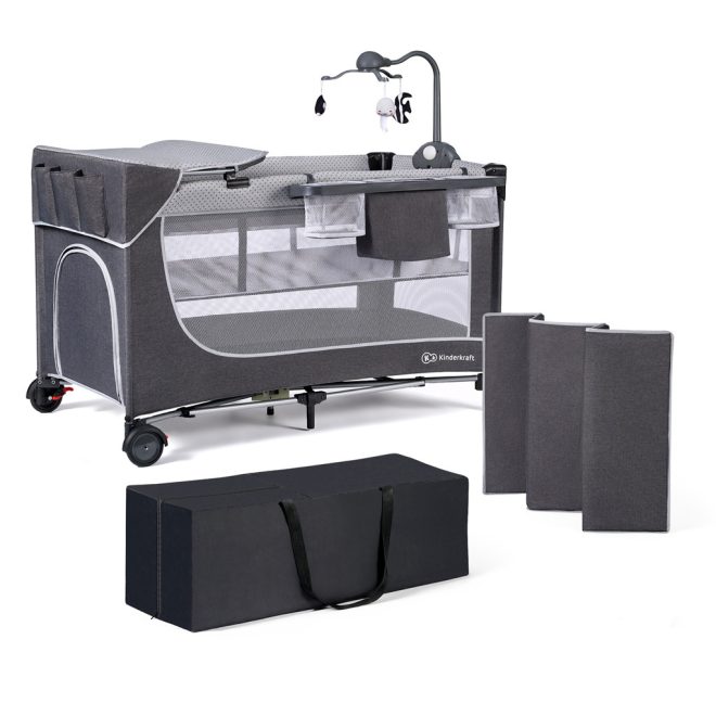 Kinderkraft Select Leody Prémium Utazóágy Kiegészítőkkel Grey - Összecsukható Babaágy Emelhető Fekvőfelülettel, Pelenkázóval és Tárolóval, Modern Szürke Kivitelben