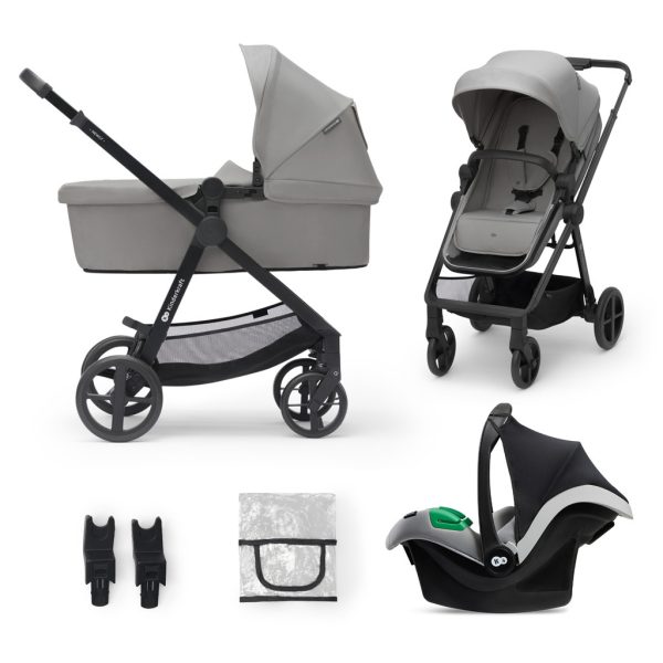 Kinderkraft Newly 3 az 1-ben Kombinált Multifunkciós Babakocsi Moonlight Grey + Mink PRO Hordozóval - Mózeskosár, Sportülés és Autós Hordozó Egyben, Könnyű és Kompakt Váz