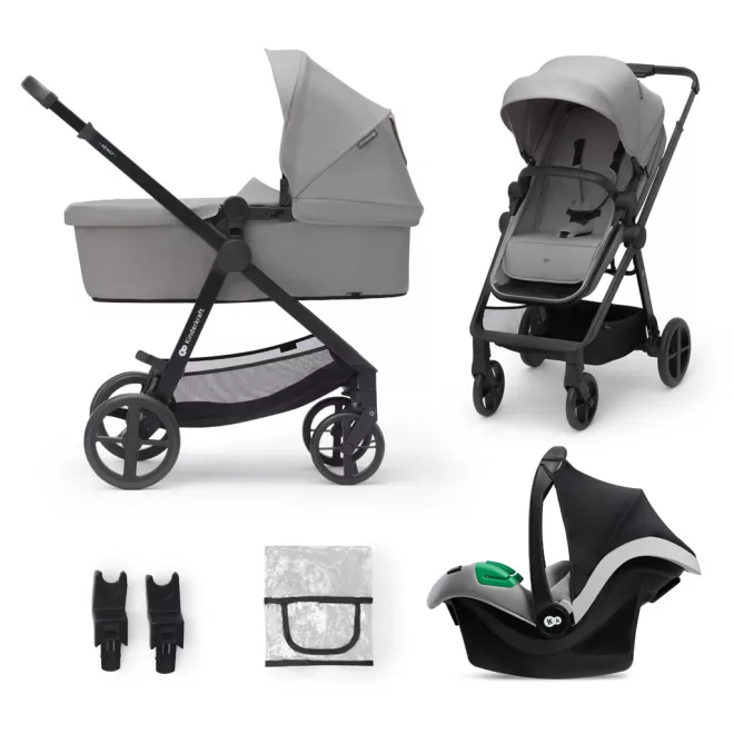 Kinderkraft Newly 3 az 1-ben Kombinált Multifunkciós Babakocsi Moonlight Grey + Mink PRO Hordozóval - Mózeskosár, Sportülés és Autós Hordozó Egyben, Könnyű és Kompakt Váz