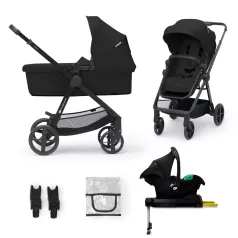   Kinderkraft Newly 4 az 1-ben Kombinált Multifunkciós Babakocsi Classic Black + Mink PRO Hordozóval - Mózeskosár, Sportülés, Autós Hordozó és ISOFIx Talp Egyben, Kompakt és Modern Fekete Kivitelben