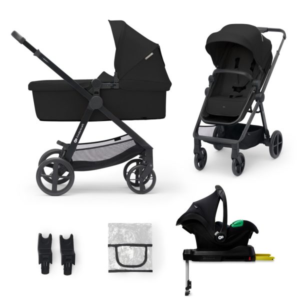 Kinderkraft Newly 4 az 1-ben Kombinált Multifunkciós Babakocsi Classic Black + Mink PRO Hordozóval - Mózeskosár, Sportülés, Autós Hordozó és ISOFIX Talp Egyben, Kompakt és Modern Fekete Kivitelben