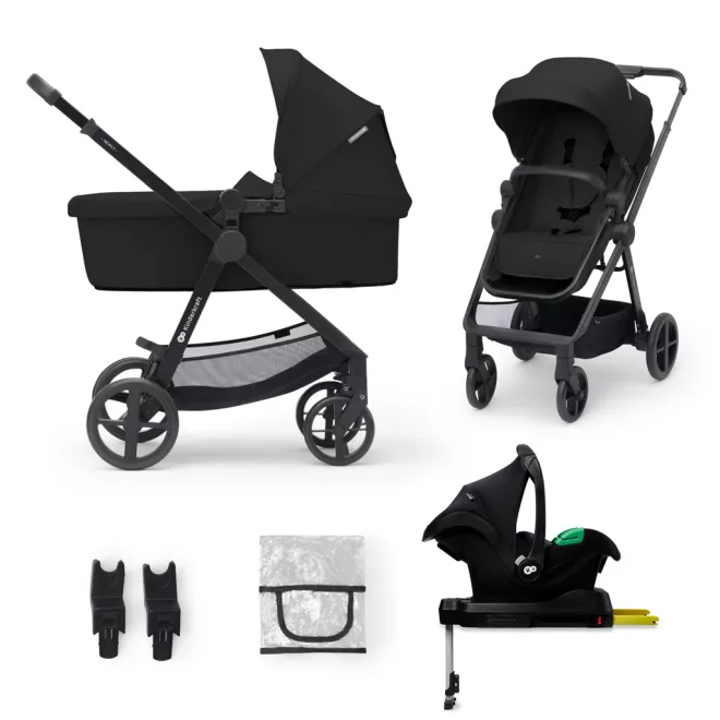 Kinderkraft Newly 4 az 1-ben Kombinált Multifunkciós Babakocsi Classic Black + Mink PRO Hordozóval - Mózeskosár, Sportülés, Autós Hordozó és ISOFIx Talp Egyben, Kompakt és Modern Fekete Kivitelben