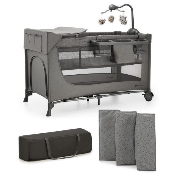 Kinderkraft Joy 2 Utazóágy Kiegészítőkkel Dark Grey - Összecsukható Babaágy Pelenkázóval, Tárolóval és Cipzáras Oldalbejárattal, Hordozótáskával és Sötétszürke Kivitelben