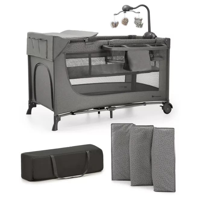 Kinderkraft Joy 2 Utazóágy Kiegészítőkkel Dark Grey - Összecsukható Babaágy Pelenkázóval, Tárolóval és Cipzáras Oldalbejárattal, Hordozótáskával és Sötétszürke Kivitelben