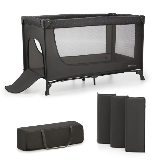 Kinderkraft Joy Utazóágy Light Grey - Összecsukható Babaágy Cipzáras Oldalbejárattal, Kerekekkel és Hordozótáskával, Világosszürke Kivitelben