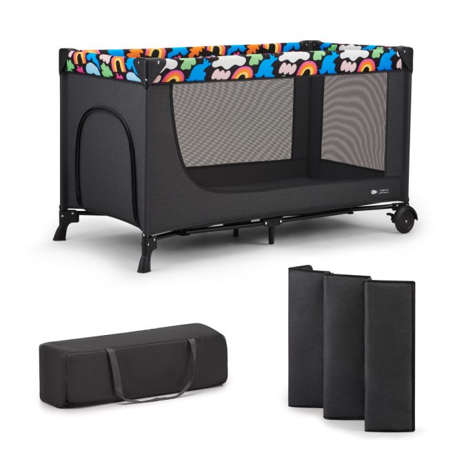 Kinderkraft Joy 2 Utazóágy Happy Shapes - Összecsukható Babaágy Vidám Mintával, Oldalsó Cipzáras Bejárattal, Kerekekkel és Hordozótáskával